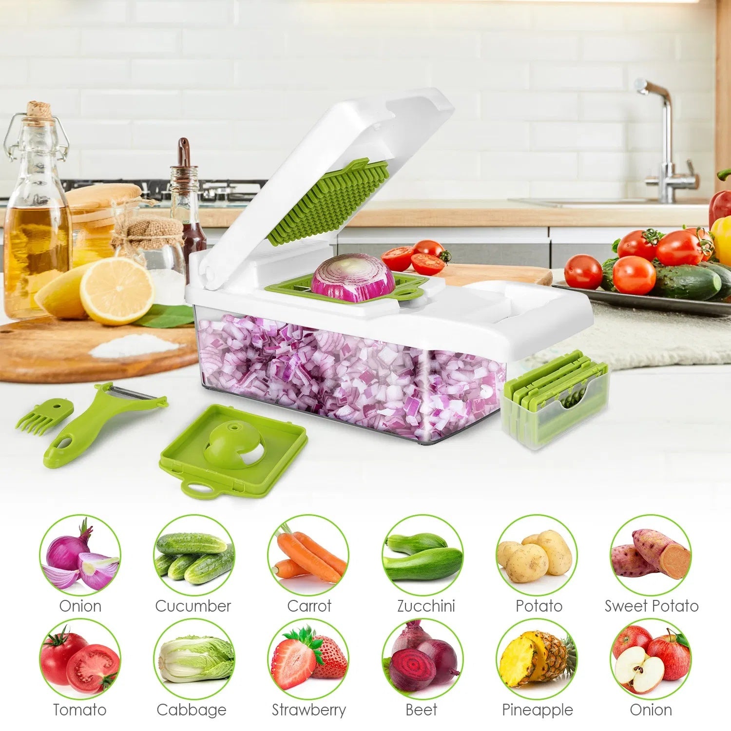 12 i 1 Grönsakshackare med Behållare – Köksverktyg för Skivning, Tärning, Rivning, Skalning och Äggsepareringor, handskydd för Lök, Sallad och Potatis – GPCT2055Pro