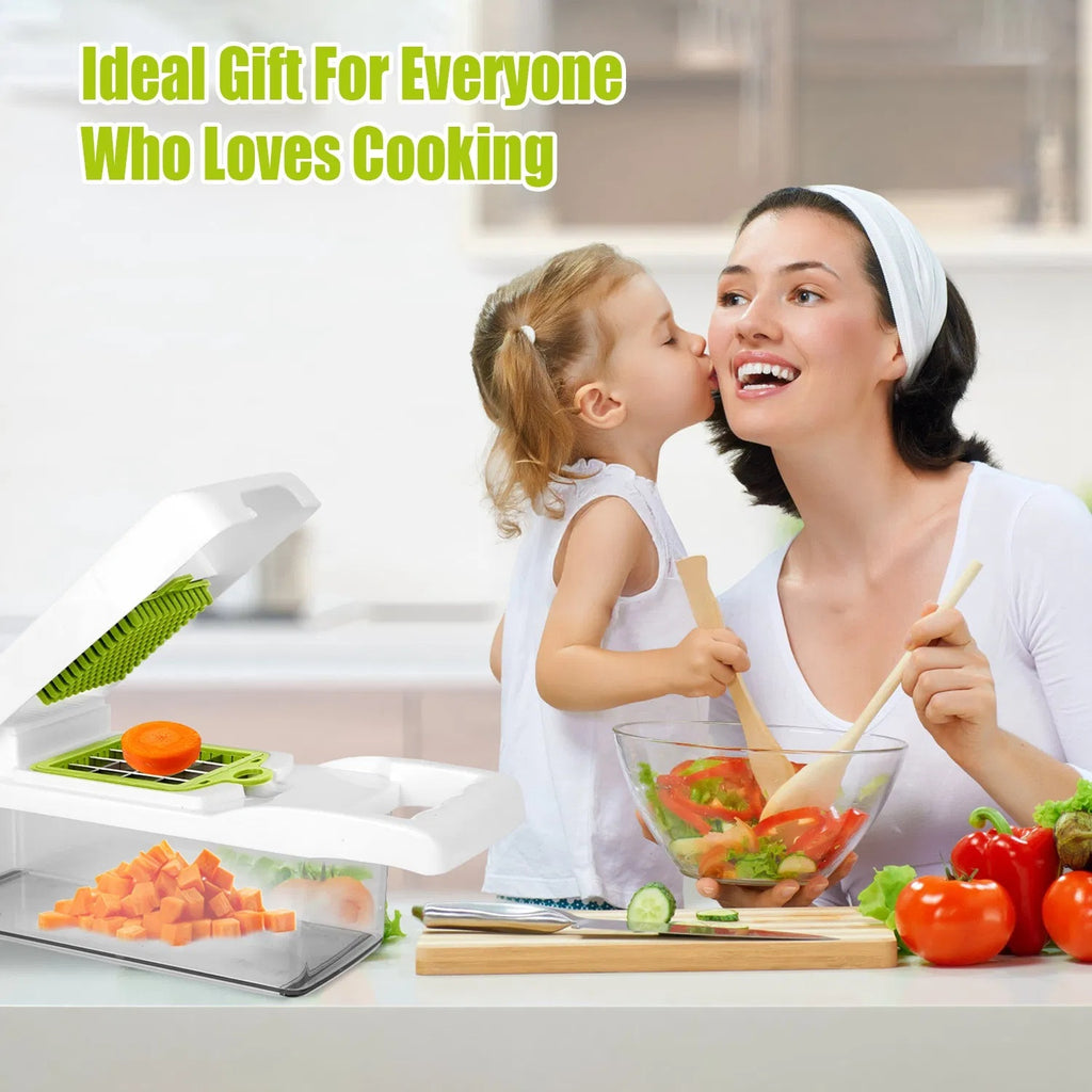 12 i 1 Grönsakshackare med Behållare – Köksverktyg för Skivning, Tärning, Rivning, Skalning och Äggsepareringor, handskydd för Lök, Sallad och Potatis – GPCT2055Pro