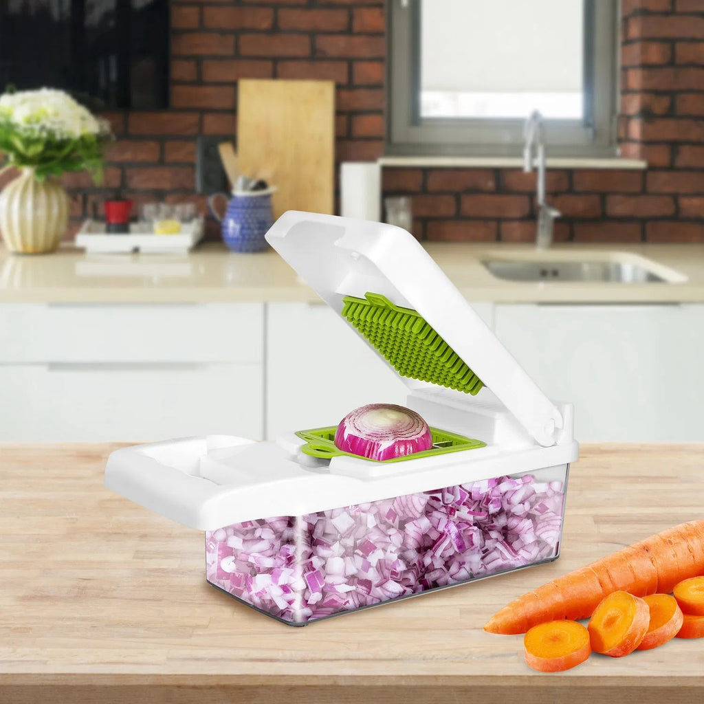 12 i 1 Grönsakshackare med Behållare – Köksverktyg för Skivning, Tärning, Rivning, Skalning och Äggsepareringor, handskydd för Lök, Sallad och Potatis – GPCT2055Pro